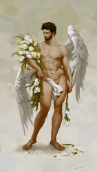 Rule 34 | 1boy, abs, angel, bare pectorals, beard, brown hair, chens art, convenient censoring, facial hair, faux traditional media, feathered wings, flower, flower request, full body, highres, holding, holding flower, male focus, male pubic hair, mature male, muscular, muscular male, navel, nipples, original, pectorals, pubic hair, pubic hair peek, realistic, short hair, solo, standing, stomach, thighs, white flower, wind, wings