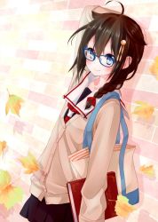 Rule 34 | 10s, 1girl, ahoge, alternate costume, arm behind back, black skirt, blue eyes, book, braid, brown hair, cardigan, carrying, carrying bag, carrying under arm, commentary request, falling leaves, glasses, hair between eyes, hair flaps, hair ornament, ishida mia, kantai collection, leaf, long hair, long sleeves, looking at viewer, shigure (kancolle), shigure kai ni (kancolle), skirt, smile, solo
