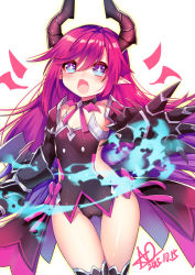 Rule 34 | 1girl, alternate hair color, ao jun, armor, blue eyes, blush, bow, choker, claws, cosplay, cowboy shot, demon girl, detached sleeves, elsword, fang, flat chest, gluteal fold, horns, jewelry, leotard, long hair, looking at viewer, luciela r. sourcream, magic, pink bow, pink hair, pink ribbon, pointy ears, ribbon, signature, solo, demon girl, symbol-shaped pupils, thigh gap