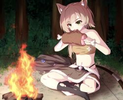 Rule 34 | 1girl, alternate costume, animal ear fluff, animal ears, bandaged arm, bandaged leg, bandages, bare shoulders, belt, black belt, black socks, boned meat, bow (weapon), bracelet, breasts, brown cloak, brown skirt, campfire, cloak, unworn cloak, colored eyelashes, commentary request, crossed legs, eating, feet, fingernails, fire, food, forest, full body, fur-trimmed skirt, fur trim, glint, grass, green eyes, hair between eyes, hands up, highres, holding, holding food, jewelry, light blush, light brown hair, long hair, looking at food, meat, mikuni sairi, nature, navel, night, no shoes, outdoors, sesen2000, side ponytail, skirt, small breasts, socks, solo, sparks, stomach, tail, teeth, tenshi souzou re-boot!, v-shaped eyebrows, weapon, white fur, wolf ears, wolf girl, wolf tail