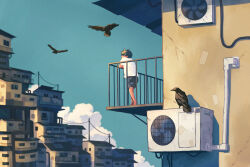 Rule 34 | 1boy, air conditioner, balcony, bird, blue shorts, blue sky, cable, cloud, commentary request, crow, day, flying, highres, industrial pipe, original, outdoors, power lines, railing, scenery, shirt, short hair, short sleeves, shorts, sky, solo, taizo (taizo 03), utility pole, white shirt, wide shot