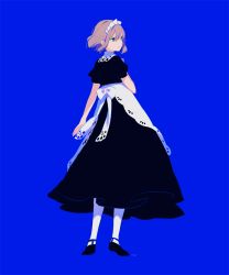 Rule 34 | 1girl, :|, ankle strap, apron, arm at side, back bow, black dress, black footwear, blue background, blue eyes, blush, bob cut, bow, closed mouth, dress, expressionless, floating hair, frilled hairband, frills, from behind, full body, grey hair, hair between eyes, hairband, hand up, heel up, legs apart, long dress, looking away, looking to the side, maeya susumu, maid, maid headdress, original, pleated dress, puffy short sleeves, puffy sleeves, shoes, short hair, short sleeves, signature, simple background, solo, standing, swept bangs, white apron, white bow, white hairband, white legwear