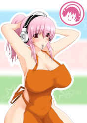 Rule 34 | 1girl, apron, armpits, arms up, bad id, bad pixiv id, blush, breasts, cleavage, headphones, highres, large breasts, logo, long hair, looking at viewer, mouth hold, multicolored background, naked apron, nitroplus, no bra, no panties, pink eyes, pink hair, ponytail, red eyes, rubber band, smile, solo, star (symbol), super sonico, yonnhonnge, yotsumotoke
