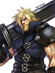 Rule 34 | 1990s (style), 1boy, arm garter, armband, beard, belt, black gloves, blonde hair, blue eyes, buster sword, character name, cloud strife, commentary request, facial hair, final fantasy, final fantasy vii, gloves, holding, holding sword, holding weapon, huge weapon, looking at viewer, male focus, manly, muscular, old, aged up, oversized object, retro artstyle, scar, scar across eye, scar on face, shoulder plates, simple background, solo, spiked hair, sword, upper body, weapon, white background, yapo (croquis side)