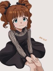 Rule 34 | 1girl, :3, black dress, blue eyes, blush, breasts, brown hair, dated, dress, grey background, hair ribbon, highres, idolmaster, idolmaster (classic), long sleeves, naruse ill, ribbon, simple background, small breasts, smile, solo, striped clothes, striped dress, takatsuki yayoi, twintails