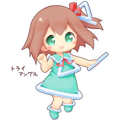 Rule 34 | 1girl, :d, aikei ake, bare arms, bare shoulders, blush, boots, brown hair, chibi, collared dress, dress, full body, green dress, green eyes, green footwear, hair ribbon, highres, instrument, long hair, looking at viewer, one side up, open mouth, original, personification, red ribbon, ribbon, simple background, sleeveless, sleeveless dress, smile, solo, translation request, triangle (instrument), white background