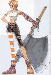 Rule 34 | 1girl, axe, belt, boots, chain, concept art, highres, mechanical arms, nami (one piece), navel, oda eiichirou, official art, one piece, orange hair, scar, scar on leg, scar on shoulder, scar on stomach, single mechanical arm, tagme, tank top, thighhighs, torn clothes, weapon