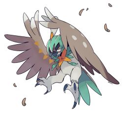 Rule 34 | animal focus, bird, closed mouth, commentary request, creatures (company), decidueye, falling feathers, feather fingers, feathers, flying, full body, game freak, gen 7 pokemon, green eyes, nintendo, no humans, orange pupils, owl, pokemon, pokemon (creature), polka dot, simple background, solo, talons, tetori, white background, winged arms, wings
