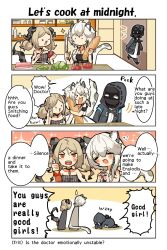 Rule 34 | 1boy, 2girls, animal ears, arknights, baguette, blonde hair, bread, cliffheart (arknights), cooking, doctor (arknights), english text, food, groveling, highres, horns, ifrit (arknights), kitchen, kitchen knife, leopard ears, leopard tail, multiple girls, orange eyes, short hair, tail, tapi, tomato