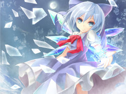 Rule 34 | 1girl, bad id, bad pixiv id, blue dress, blue eyes, blue hair, bow, cirno, dress, hair bow, ice, looking at viewer, matching hair/eyes, puffy sleeves, revision, shirt, short hair, short sleeves, smile, snowflakes, solo, touhou, wakame mi, wings