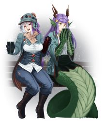 Rule 34 | 2girls, :d, adapted costume, animal hands, barbariank, bench, boots, brown eyes, dragon, dragon girl, drinking, eastern dragon, fins, gloves, gradient hair, hat, head fins, highres, horns, long hair, looking at viewer, mad hatter (monster girl encyclopedia), magatama, monster girl, monster girl encyclopedia, multicolored hair, multiple girls, open mouth, purple hair, ryuu (monster girl encyclopedia), scarf, sitting, smile, snowing, steam, thermos, transparent background, two-tone hair, white hair, yellow eyes
