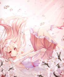 Rule 34 | 1girl, bandaged arm, bandages, belt, blonde hair, blurry, cherry blossoms, depth of field, dress, fage, full body, hair between eyes, hair ribbon, long hair, looking at viewer, original, pink footwear, pink theme, red eyes, ribbon, shoes, solo, tagme, very long hair