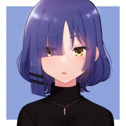 Rule 34 | 1girl, alternate hair length, alternate hairstyle, black sweater, blue background, blue hair, bocchi the rock!, border, eyes visible through hair, hair ornament, hairclip, highres, jewelry, looking at viewer, mogggggge, mole, mole under eye, necklace, parted lips, portrait, solo, sweater, turtleneck, turtleneck sweater, upper body, white border, yamada ryo, yellow eyes