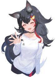 Rule 34 | 1girl, animal ear fluff, animal ears, black hair, blush, breasts, crying, hair ornament, hairclip, hand up, happy tears, hololive, izumi sai, long hair, multicolored hair, ookami mio, ookami mio (casual), open mouth, red hair, simple background, small breasts, smile, solo, streaked hair, tail, tears, virtual youtuber, wolf ears, wolf tail