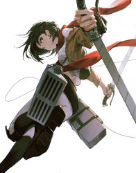 Rule 34 | 1girl, ass, black footwear, black hair, boots, brown eyes, brown jacket, dino (dinoartforame), dual wielding, floating hair, from below, from side, full body, highres, holding, holding sword, holding weapon, jacket, looking at viewer, looking down, mikasa ackerman, pants, paradis military uniform, red scarf, scarf, shingeki no kyojin, shirt, short hair, simple background, solo, sword, three-dimensional maneuver gear, weapon, white background, white pants, white shirt, wire