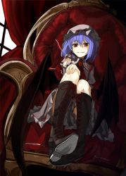 Rule 34 | 1girl, ascot, bad id, bad pixiv id, bat wings, blue hair, boots, brooch, chair, cross-laced footwear, curtains, fang, hand on own knee, hat, hat ribbon, jewelry, knee boots, looking at viewer, miruto netsuki, mob cap, puffy sleeves, red eyes, remilia scarlet, ribbon, short sleeves, sitting, smirk, solo, touhou, window, wings