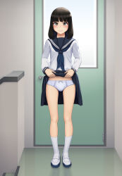 Rule 34 | 1girl, blue neckerchief, blue sailor collar, blue skirt, blush, bob cut, bow, bow panties, closed mouth, clothes lift, commentary, crotch seam, door, frown, full body, highres, indoors, lifted by self, long sleeves, looking at viewer, maburu (lojyq1eur3e8bit), medium hair, medium skirt, neckerchief, original, panties, pleated skirt, sailor collar, school uniform, serafuku, shirt, shoes, skirt, skirt lift, socks, solo, stairs, standing, underwear, uwabaki, variant set, white footwear, white panties, white shirt, white socks