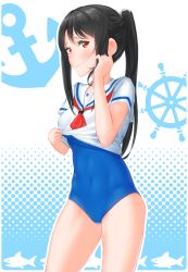 Rule 34 | 10s, 1girl, anchor, azuki g, badge, black hair, blouse, blue one-piece swimsuit, clothes lift, covered navel, cowboy shot, embarrassed, from side, half-closed eyes, halftone, high school fleet, highres, legs apart, lifted by self, long hair, munetani mashiro, neckerchief, one-piece swimsuit, outline, parted bangs, ponytail, red eyes, red neckerchief, sailor collar, school swimsuit, school uniform, serafuku, ship&#039;s wheel, shirt, shirt lift, solo, standing, swimsuit, swimsuit under clothes, thighs, wavy mouth, white background, white sailor collar, white shirt