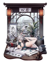Rule 34 | 1girl, absurdres, animal ears, ass, bare shoulders, breasts, calligraphy brush, cleavage, dress, elbow gloves, full body, gloves, grey eyes, grey hair, hair ornament, highres, holding, holding brush, holding paintbrush, large breasts, legs up, long hair, looking at viewer, original, paintbrush, rabbit, rabbit ears, skindentation, taitai, thick thighs, thighhighs, thighs, transparent background