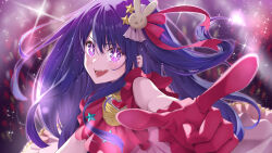 Rule 34 | 1girl, absurdres, brooch, commentary, dress, frilled dress, frills, gloves, hair between eyes, hair ornament, hair ribbon, heart, heart brooch, highres, hoshino ai (oshi no ko), idol, jewelry, lens flare, long hair, looking at viewer, one side up, open mouth, oshi no ko, pink dress, pointing, pointing at viewer, purple eyes, purple hair, rabbit hair ornament, red gloves, ribbon, ru (wtf8malo24), sleeveless, sleeveless dress, smile, solo, star-shaped pupils, star (symbol), swept bangs, symbol-shaped pupils, teeth, upper body