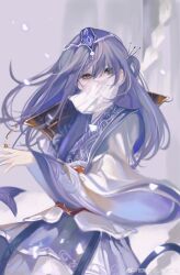 Rule 34 | 1girl, absurdres, artist request, asymmetrical sleeves, falling petals, grey background, grey eyes, hair ornament, hair strand, hairpin, highres, long hair, long sleeves, looking at viewer, mouth veil, petals, purple hair, qinshi mingyue, second-party source, shao siming (qin shi ming yue), single hair ring, solo, turning around, upper body, veil