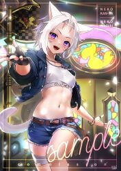 Rule 34 | 1girl, :d, animal ears, belt, black gloves, blue jacket, blue shorts, bracelet, breasts, cat ears, cat girl, cat tail, commission, denim, denim jacket, denim shorts, facial mark, final fantasy, final fantasy xiv, fingerless gloves, gloves, highres, jacket, jewelry, lili mdoki, looking at viewer, medium breasts, midriff, miqo&#039;te, multiple rings, navel, necklace, open clothes, open jacket, open mouth, pendant, purple eyes, ring, sample watermark, short hair, short shorts, shorts, single fingerless glove, single glove, sleeves past elbows, smile, sports bra, stained glass, stomach, tail, thigh strap, warrior of light (ff14), watermark, whisker markings, white hair