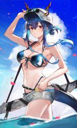 Rule 34 | 1girl, arknights, bare arms, bare shoulders, baseball cap, bikini, blue bikini, blue hair, blue sky, breasts, ch&#039;en (arknights), ch&#039;en the holungday (arknights), ch&#039;en the holungday (elite ii) (arknights), cloud, commentary request, day, dragon horns, dragon tail, ema (kuguiema), grey shorts, hat, highres, horns, large breasts, long hair, navel, red eyes, short shorts, shorts, sky, solo, standing, stomach, swimsuit, tail, thighs, wading, white hat