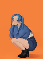 Rule 34 | 1girl, absurdres, alternate costume, aqua hair, black footwear, black socks, blue shorts, blue sweater, closed mouth, expressionless, green eyes, hands on own chin, hands up, head rest, high heels, highres, looking at viewer, monogatari (series), nemo ringo, ononoki yotsugi, orange background, pointy ears, shirt, short eyebrows, short twintails, shorts, simple background, socks, solo, squatting, sweater, thick eyebrows, twintails, white shirt