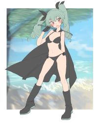 10s 1girl aaru_(kerogero1582) anchovy_(girls_und_panzer) arm_behind_back beach bikini black_bikini black_cape black_footwear black_gloves black_ribbon blue_sky blurry blurry_background blush boots breasts cape cleavage cloud cloudy_sky commentary day drill_hair female_focus frown girls_und_panzer gloves green_hair hair_ribbon head_tilt highres holding holding_riding_crop knee_boots leaning_forward long_hair looking_at_viewer medium_breasts navel ocean open_mouth outdoors outside_border palm_tree red_eyes ribbon riding_crop side-tie_bikini_bottom sky solo standing swimsuit tree twin_drills twintails