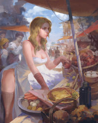 Rule 34 | 1girl, basket, blonde hair, breasts, brown thighhighs, cleavage, closed mouth, dress, food, gloves, highres, holding, huangcheng, large breasts, lips, long hair, market, nose, outdoors, sleeveless, sleeveless dress, solo, solo focus, strapless, strapless dress, thighhighs, white dress