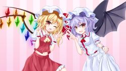 Rule 34 | 2girls, :d, absurdres, ascot, bat wings, black wings, blonde hair, blue brooch, breasts, center frills, collared shirt, cowboy shot, crystal, double v, fang, flandre scarlet, frilled shirt, frilled shirt collar, frilled skirt, frills, hair between eyes, hat, hat ribbon, highres, leaning forward, medium breasts, medium hair, midriff, mob cap, multiple girls, navel, one eye closed, open mouth, puffy short sleeves, puffy sleeves, purple hair, rainbow, red ascot, red eyes, red ribbon, red shirt, red skirt, remilia scarlet, ribbon, s vileblood, shirt, short sleeves, side ponytail, skirt, skirt hold, small breasts, smile, striped, striped background, touhou, v, vertical stripes, white headwear, white shirt, white skirt, white sleeves, wings, wrist cuffs, yellow ascot