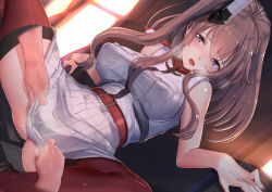 Rule 34 | 10s, 1girl, akasaai, bare arms, bare shoulders, belt, belt buckle, blue eyes, blush, breast pocket, breasts, brown hair, buckle, buttons, covered erect nipples, d:, embarrassed, has bad revision, has censored revision, hat, highres, indoors, kantai collection, kerchief, large breasts, legs apart, long hair, looking at viewer, open mouth, pocket, ponytail, pussy juice, red thighhighs, saratoga (kancolle), see-through, shirt, side ponytail, sidelocks, skirt, sleeveless, sleeveless shirt, solo, spread legs, squatting, sunlight, thighhighs, thighs, underbust, white hat, white shirt, white skirt, window