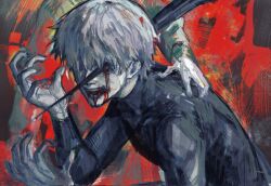 Rule 34 | 1boy, 1other, :d, black bodysuit, blood, blood from mouth, blood on face, bloody tears, bodysuit, crurry (trenos x), grey hair, hands up, highres, impaled, kaneki ken, multicolored background, open mouth, red background, short hair, sketch, smile, solo focus, teeth, tokyo ghoul