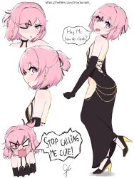 Rule 34 | 1girl, :d, absurdres, angry, artist name, ass, backless dress, backless outfit, bare back, bare shoulders, black dress, black footwear, black gloves, black ribbon, blush, bob cut, breasts, chain, commentary, doki doki literature club, dress, earrings, elbow gloves, english commentary, english text, eyelashes, fang, foot up, from side, full-face blush, gianxander, gloves, gold chain, hair ornament, hair over one eye, hair ribbon, halter dress, halterneck, head tilt, high heels, highres, hip vent, jewelry, looking to the side, meme attire, modakawa dress, multiple views, natsuki (doki doki literature club), nose blush, one eye closed, open mouth, pink eyes, pink hair, ribbon, shoes, short hair, shouting, signature, simple background, sleeveless, sleeveless dress, small breasts, smile, solo focus, speech bubble, standing, swept bangs, teasing, tongue, tongue out, tsundere, twitter username, two-tone footwear, two side up, v-shaped eyebrows, v-shaped eyes, watermark, wavy mouth, web address, white background, x hair ornament, yellow footwear