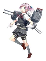 Rule 34 | 1girl, :o, bike shorts, blue eyes, brown footwear, collared shirt, full body, gloves, grey legwear, grey skirt, grey vest, hachimaki, hair intakes, hair ornament, hairband, headband, kantai collection, konishi (koconatu), leg up, loafers, looking at viewer, looking to the side, machinery, neck ribbon, official art, open mouth, outstretched arm, pink hair, pleated skirt, pocket, red ribbon, ribbon, school uniform, shiranui (kancolle), shirt, shoes, short hair, short ponytail, short sleeves, shorts, shorts under skirt, skirt, solo, thigh strap, transparent background, turret, vest, white gloves, white hairband, white shirt