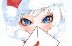 Rule 34 | 1girl, blue eyes, blush, christmas, close-up, commentary request, covering own mouth, envelope, eyelashes, hat, holding, holding envelope, letter, love letter, nose blush, original, santa hat, snowflakes, solo, squidsmith, white background, white hair