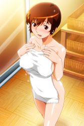 Rule 34 | 1girl, blush, breasts, brown eyes, brown hair, covered erect nipples, covering privates, feet out of frame, from above, indoors, large breasts, naked towel, nude cover, official art, open mouth, photoshop (medium), shiny skin, solo, standing, super real mahjong, tanaka ryou, towel, toyohara etsuko, wet, wet hair, wooden floor