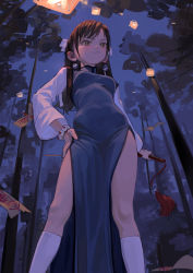 Rule 34 | 1girl, artist name, black dress, bracelet, breasts, brown eyes, brown hair, china dress, chinese clothes, closed mouth, dress, earrings, fkey, frown, hand on own hip, highres, holding, jewelry, kneehighs, legs, long hair, long sleeves, night, ofuda, original, outdoors, pelvic curtain, serious, small breasts, socks, solo, tassel, thighs, tree, v-shaped eyebrows, white socks