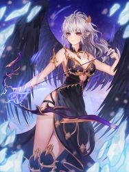 Rule 34 | 1girl, absurdres, arrow (projectile), bad id, bad pixiv id, bare shoulders, black dress, black wings, bow (weapon), breasts, cleavage, commentary request, dress, feathered wings, gya (144), hair ornament, highres, kneehighs, large breasts, long hair, looking at viewer, original, pointy ears, red eyes, silver hair, socks, solo, weapon, wings