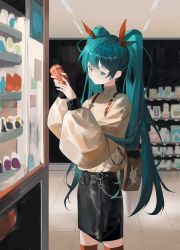 Rule 34 | 1girl, absurdres, aqua eyes, aqua hair, can, hatsune miku, head tilt, highres, holding, holding can, indoors, long hair, long sleeves, nianjin6, rabbit, skirt, solo, sweater, thighhighs, twintails, vocaloid