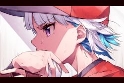 Rule 34 | 1girl, ball, baseball, baseball cap, baseball glove, blue hair, from side, hands up, hat, holding, holding ball, lize helesta, looking away, multicolored hair, nijisanji, portrait, profile, purple eyes, red hat, red shirt, shirt, short hair, silver hair, solo, sukuna136, sweat, two-tone hair, virtual youtuber