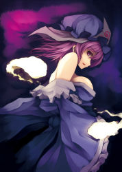 Rule 34 | 1girl, bare shoulders, breasts, cleavage, female focus, glowing, hat, hitodama, japanese clothes, large breasts, looking back, nanahara fuyuki, off shoulder, open mouth, pink eyes, pink hair, saigyouji yuyuko, short hair, smile, solo, touhou