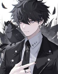 Rule 34 | 1boy, animal, animal on shoulder, bird, bird on shoulder, black eyes, black feathers, black hair, black nails, black necktie, collared shirt, cross, cross necklace, crow, dropping, feathers, formal, highres, jacket, jewelry, ka1 (user hkdw4252), looking to the side, male focus, necklace, necktie, original, ring, shirt, solo, suit, suit jacket, upper body