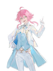 Rule 34 | 1boy, :d, absurdres, ahoge, blue vest, blush, commentary request, echj, ensemble stars!, gloves, green eyes, hair between eyes, hand on own hip, hand up, highres, himemiya tori, index finger raised, jacket, long hair, looking at viewer, open clothes, open jacket, open mouth, pants, pink hair, shirt, simple background, smile, vest, white background, white gloves, white jacket, white pants, white shirt