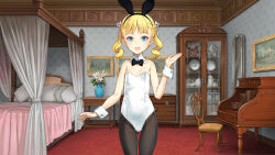 Rule 34 | 1girl, animal ears, bare shoulders, bed, black pantyhose, blonde hair, blue eyes, bow, bowtie, breasts, bunny day, canopy bed, chair, cordelia (machine child), covered navel, cowboy shot, cupboard, desk, detached collar, drill hair, fake animal ears, hair bow, hair ribbon, hairband, highres, indoors, leotard, looking at viewer, machine child, mirror, ooyari ashito, open mouth, painting (object), pantyhose, pillow, playboy bunny, rabbit ears, ribbon, small breasts, smile, solo, strapless, strapless leotard, twin drills, white leotard, white ribbon, wrist cuffs