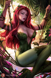 Rule 34 | 1girl, batman (series), boots, breasts, cleavage, dc comics, green eyes, high heel boots, high heels, large breasts, leaf, leotard, long hair, outdoors, plant, poison ivy, red hair, solo, sunkhamunaki, swing, vines