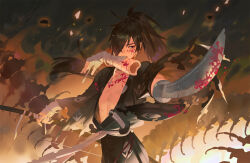 Rule 34 | 1boy, aiming, aiming at viewer, bandages, black hair, black kimono, blood, blood on clothes, blood on face, bloody weapon, detached arm, dororo (tezuka), hair over one eye, holding, holding sword, holding weapon, hyakkimaru (dororo), japanese clothes, kimono, long hair, male focus, one eye covered, pointing sword, ponytail, sawana, sheath, sheathed, sword, unsheathed, very long hair, weapon