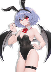 Rule 34 | 1girl, absurdres, animal ears, armpits, bare arms, bare shoulders, bat wings, black leotard, blue hair, bow, bowtie, breasts, covered navel, detached collar, fake animal ears, fake tail, fang, groin, hair between eyes, highleg, highleg leotard, highres, leotard, light blush, lips, medium breasts, nail polish, navel, parted lips, playboy bunny, rabbit ears, rabbit tail, red bow, red bowtie, red eyes, red nails, remilia scarlet, short hair, simple background, skindentation, slit pupils, solo, strapless, strapless leotard, sudako (dai011305), tail, thigh strap, touhou, white background, wings, wrist cuffs