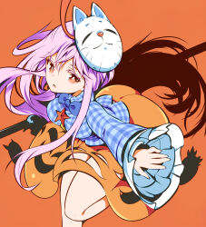 Rule 34 | 1girl, absurdres, blue shirt, breasts, brown eyes, collared shirt, frilled sleeves, frills, hata no kokoro, highres, ichizen (o tori), long hair, long sleeves, looking at viewer, mask, mask on head, medium breasts, one-hour drawing challenge, open mouth, orange background, orange skirt, pink hair, plaid, plaid shirt, pleated skirt, shirt, simple background, skirt, solo, touhou