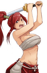Rule 34 | 1girl, alternate costume, armpits, bankage, bare shoulders, breasts, cleavage, erza scarlet, fairy tail, hakama, hakama skirt, high ponytail, japanese clothes, katana, large breasts, midriff, navel, open mouth, red hair, sarashi, skirt, solo, stomach, sword, weapon